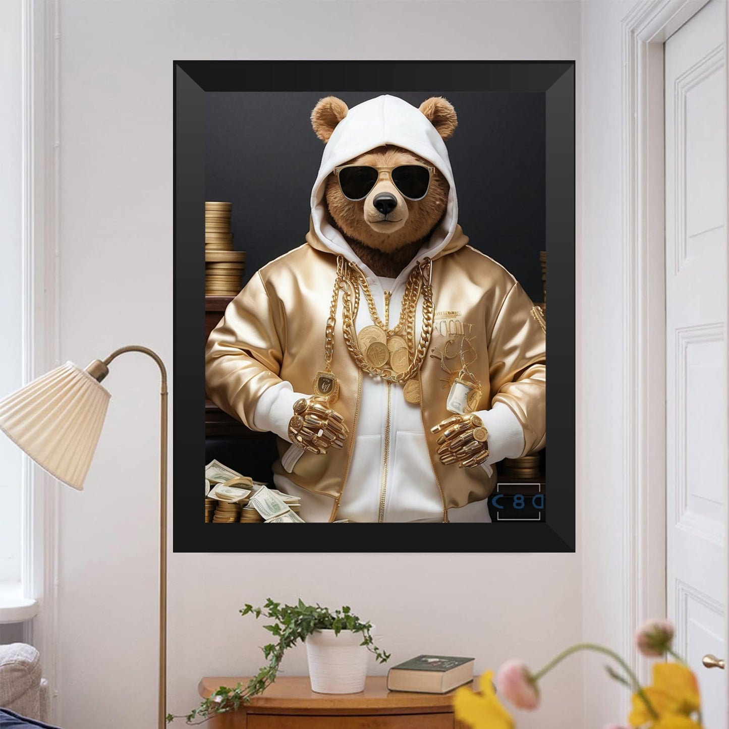 Cuadro de oso con joyas