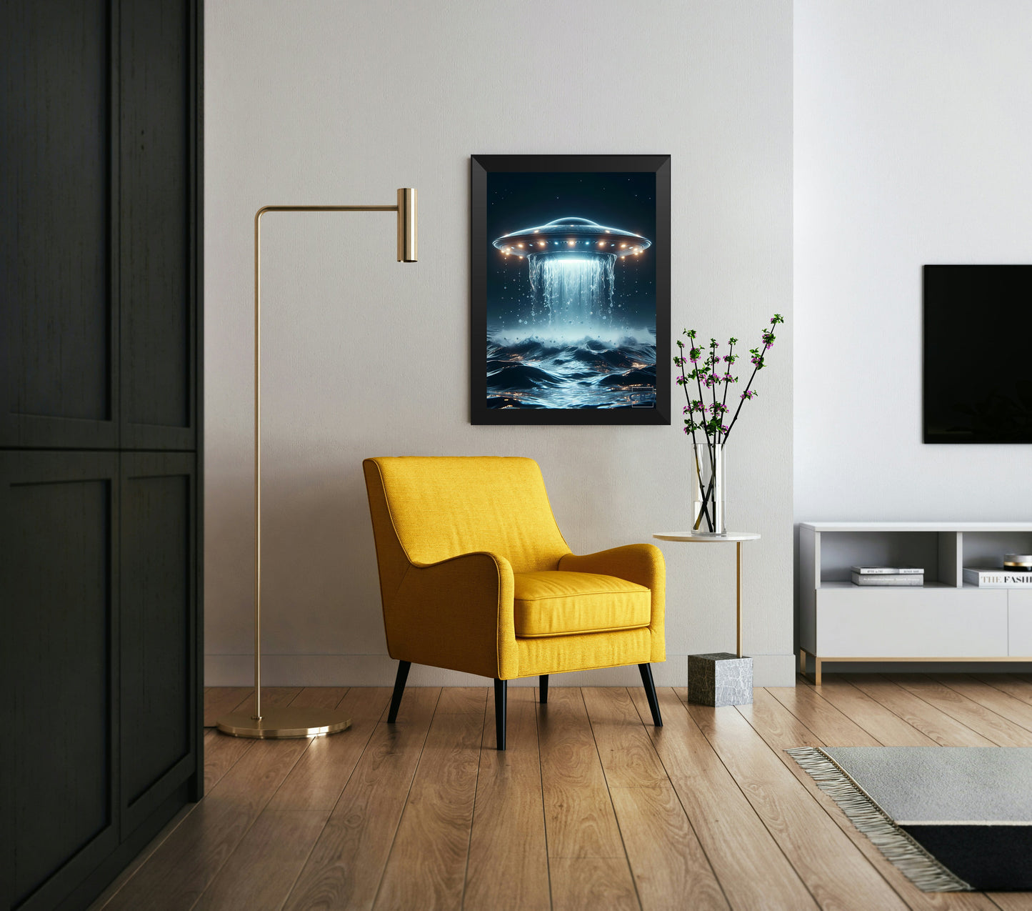 Cuadro de ufo saliendo del mar